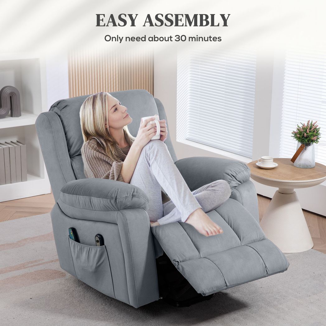 Grey Lift Chair Riser Recliner Featuring Vibration Massage and Heating Function