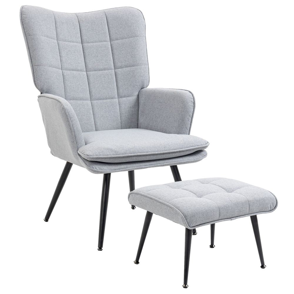 Light Grey Living Room Chair with Footstool and Sturdy Steel Legs for Style