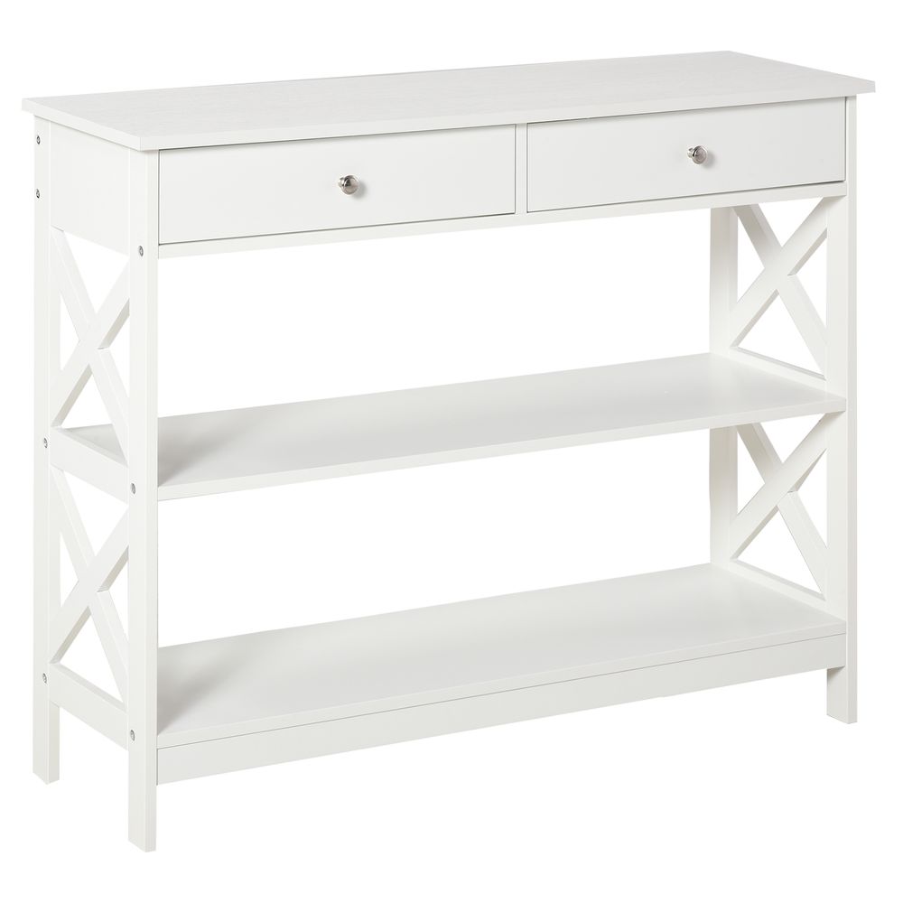 White Console Table with Open Top, Side Desk and Shelves, Perfect for Hallway Storage
