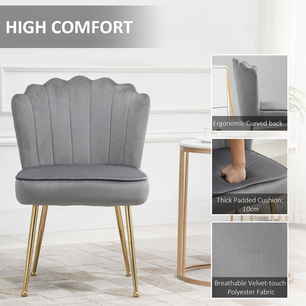 Grey Velvet-Feel Shell Luxe Accent Chair with Metal Legs for Home Lounge Comfort