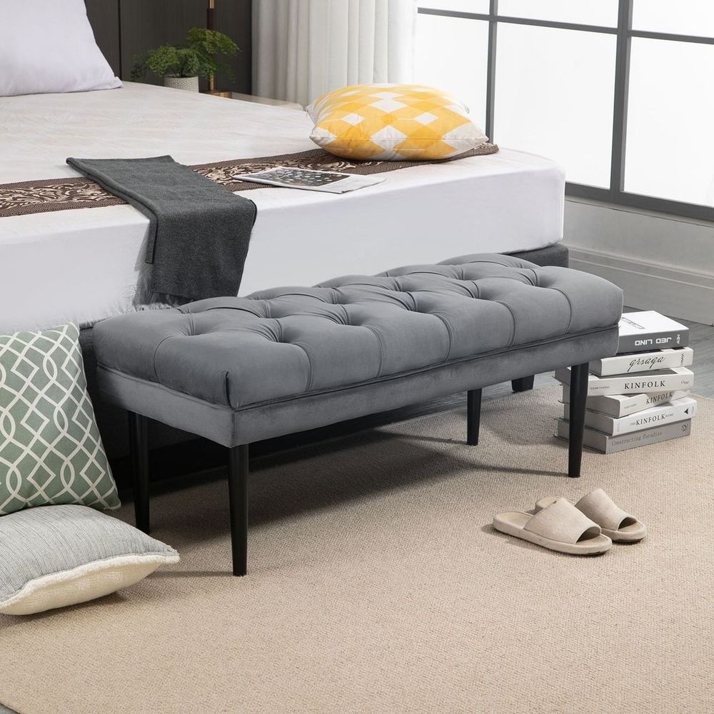 Button Tufted Upholstered Bed End Bench, Window Seat for Living Room in Grey
