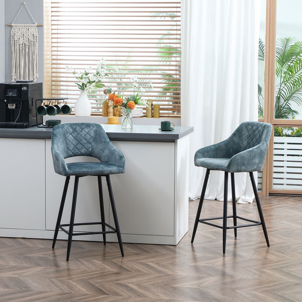 Set of 2 Velvet-Touch Bar Stools – Counter Height Chairs with Fabric – Blue