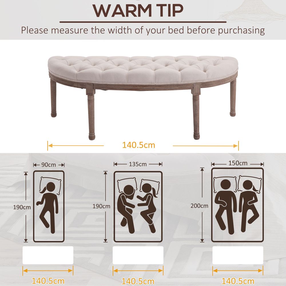 Cream Half-Circle End Bench Ottoman Footstool with Button Tufted Padded Seat