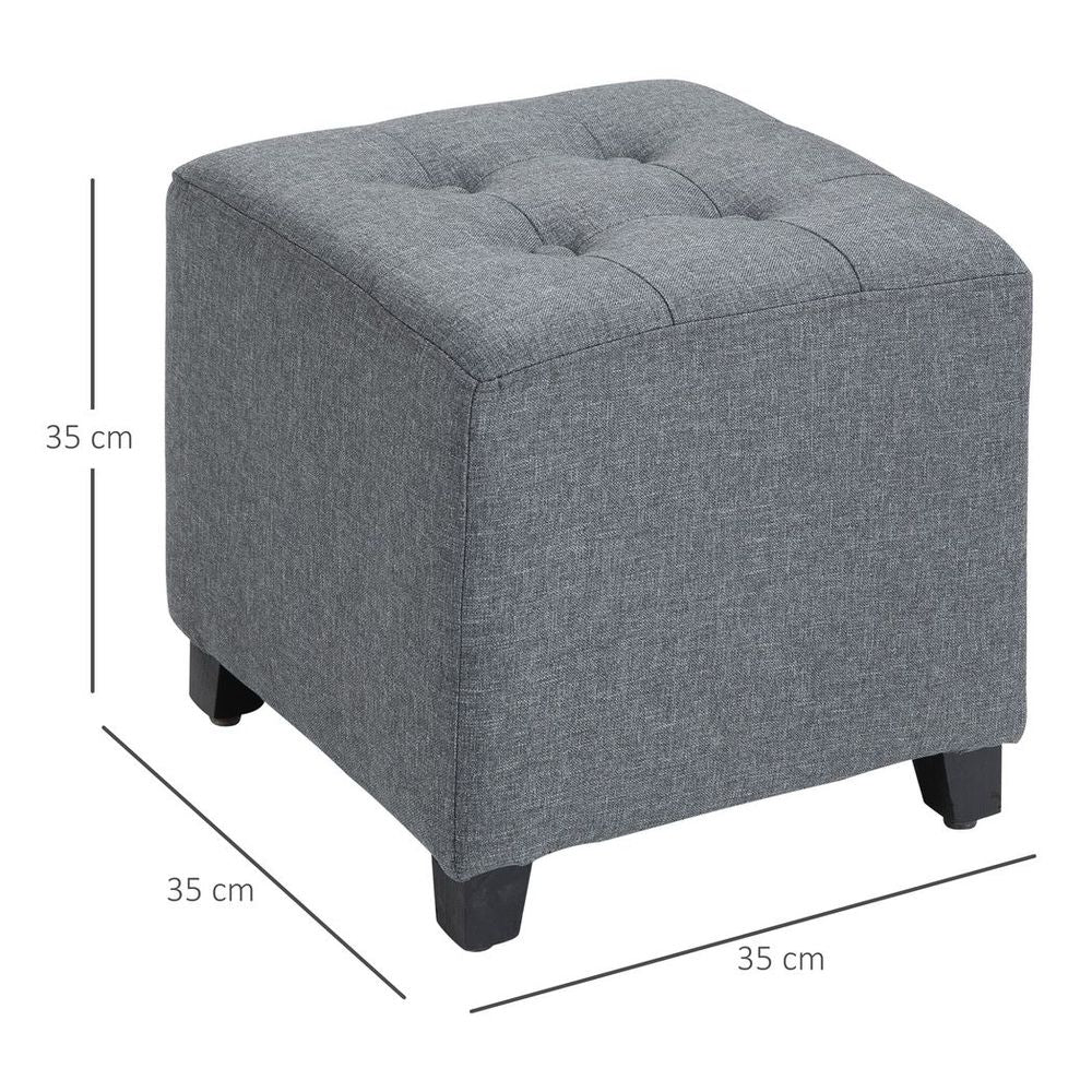 Linen-Look Square Ottoman – Button Tufts Footstool with Wood Frame – Grey