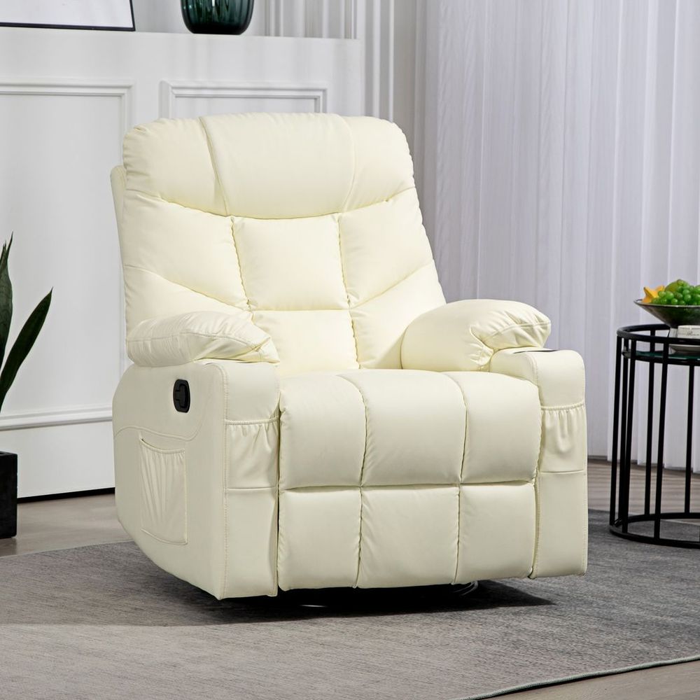 Cream Manual Recliner Chair with Footrest, Cup Holder and Swivel Base for Comfort
