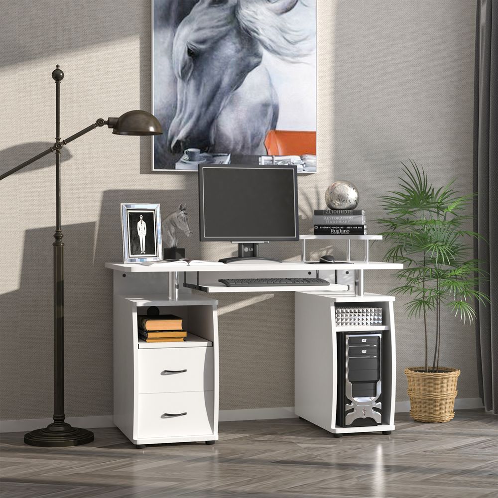 White Computer Office Desk with Keyboard Tray and Drawer, Ideal for Organised Workspaces