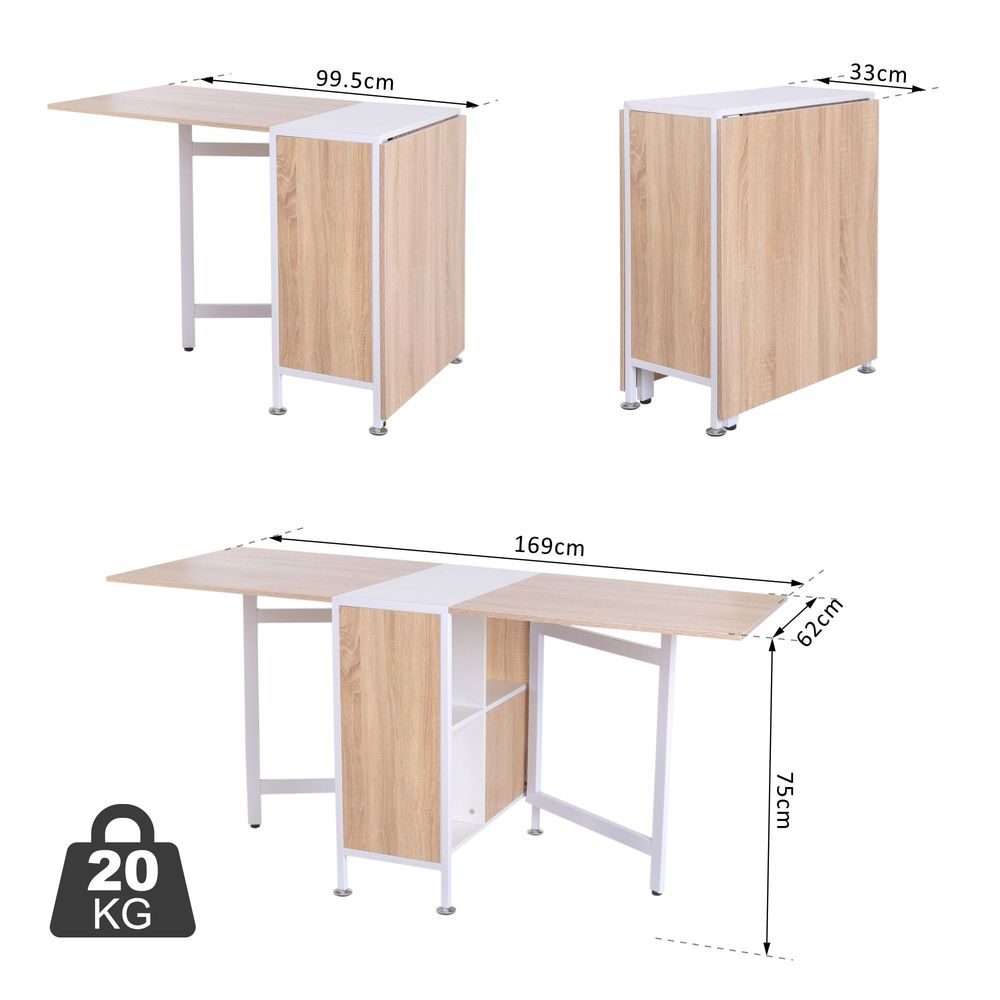 Oak and White Folding Computer Desk with Storage Shelves for Home Office Use