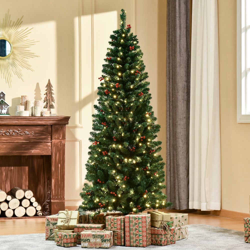 6ft Pre-Lit Artificial Pencil Christmas Tree with Warm White LEDs and Red Berries