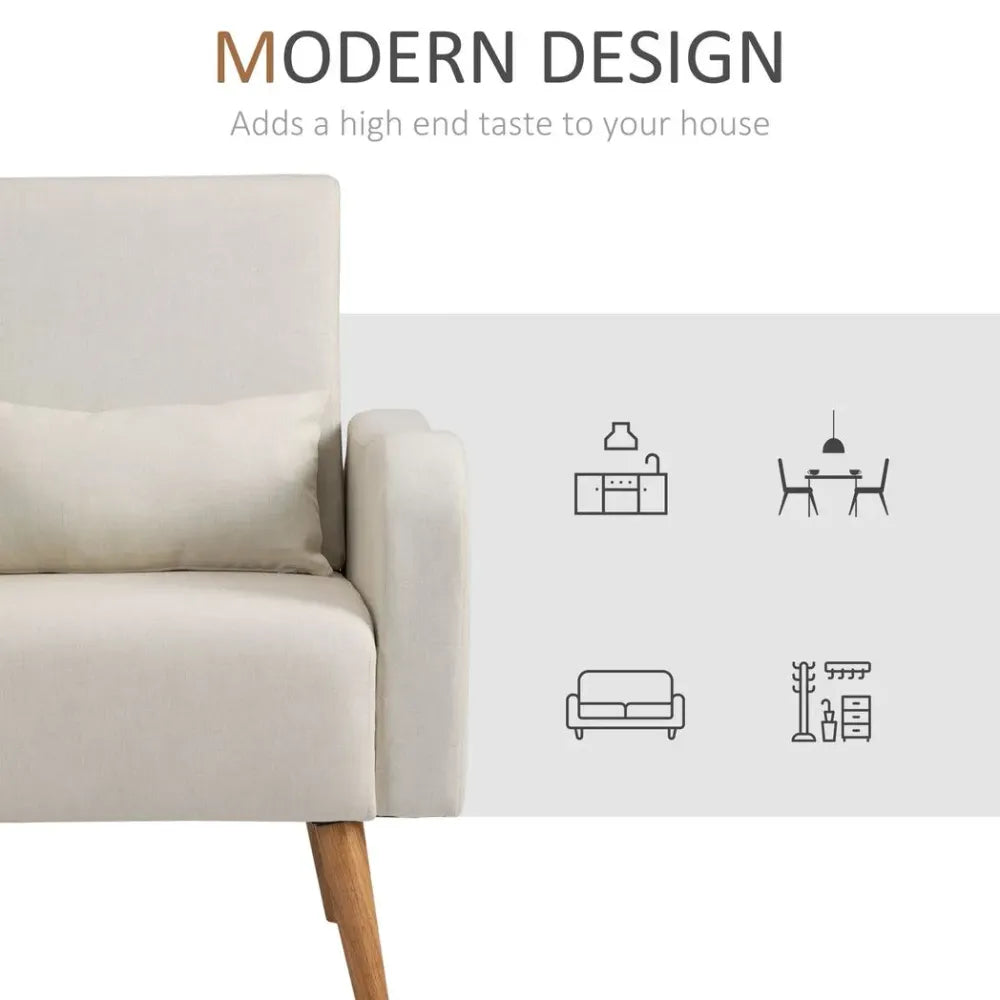 Cream Nordic Armchair with Linen-Touch Fabric and Cushioned Pillow for Comfort