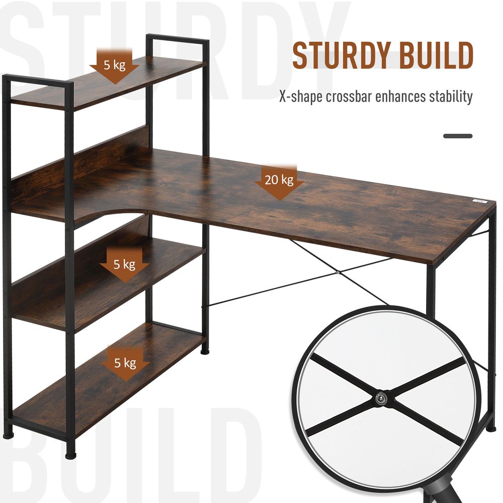 Retro Industrial Computer Desk with 4-Tier Storage Shelf Metal Frame, Brown