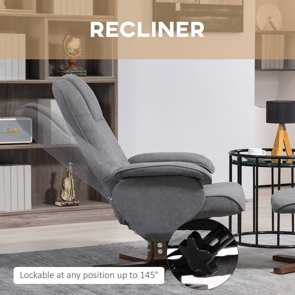Grey Linen-Touch Swivel Recliner Chair and Footstool with Sturdy Wooden Base