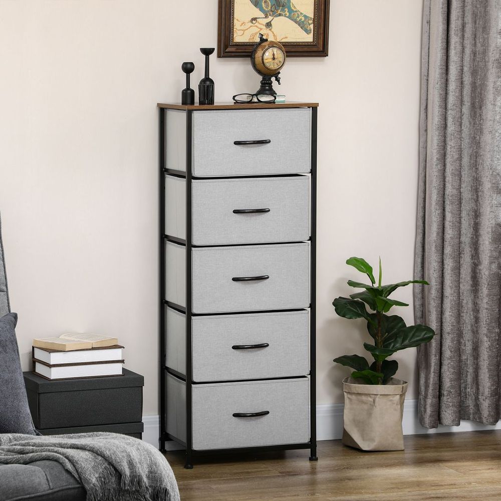 5-Drawer Fabric Chest of Drawers with Wooden Top for Closet and Hallway in Grey