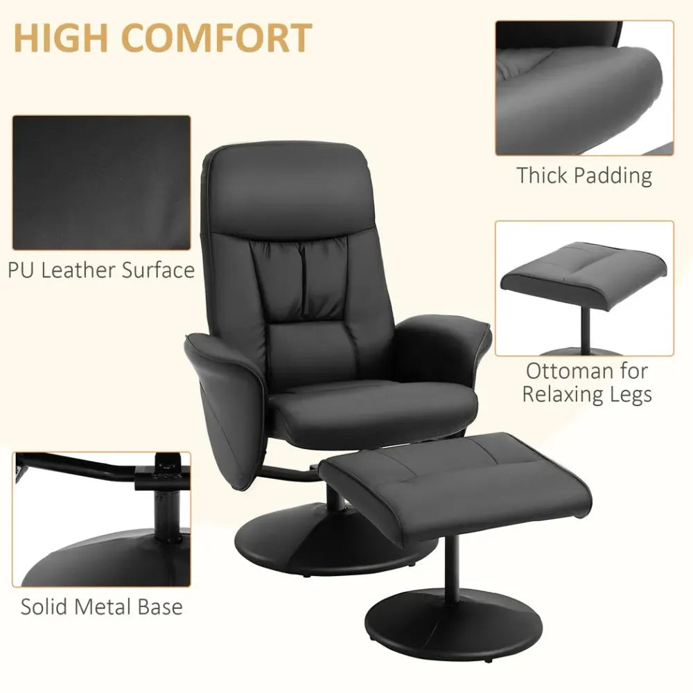 2-Piece Reclining Armchair & Ottoman Set – 360-Degree Swivel PU Leather – Black