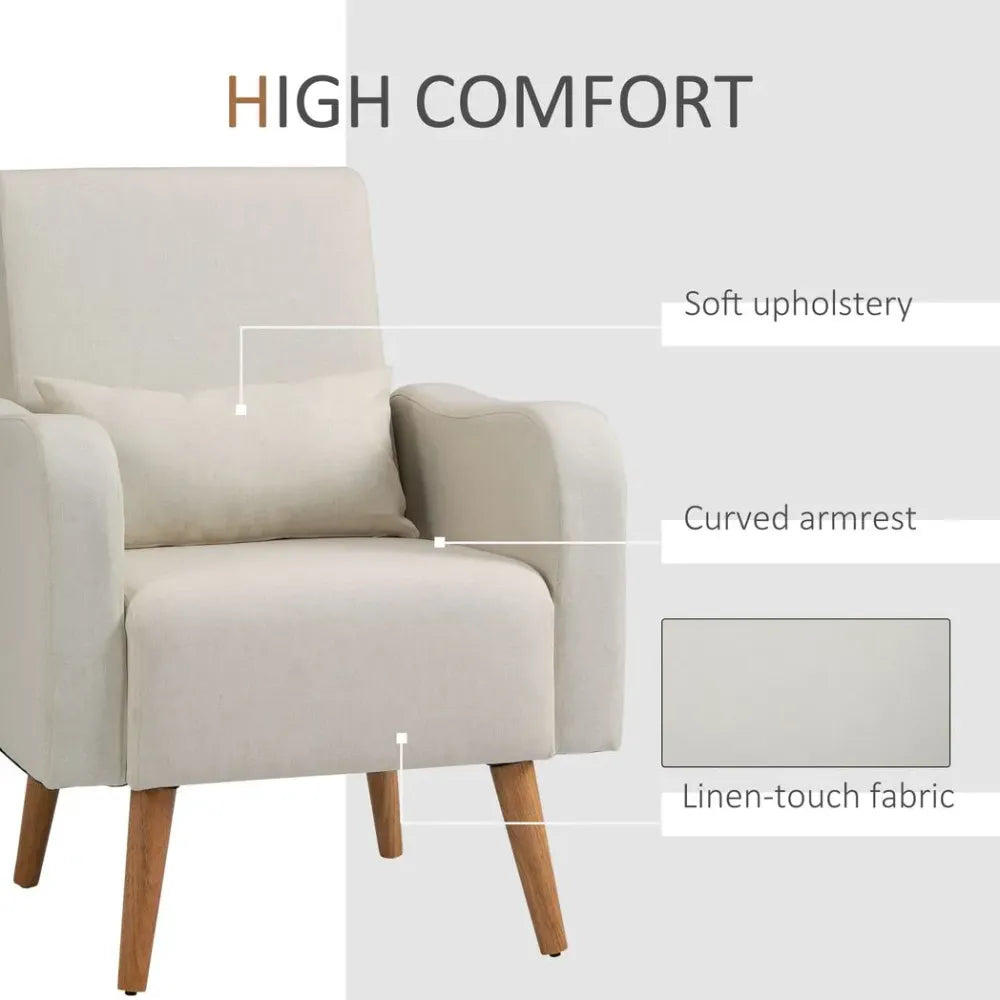 Cream Nordic Armchair with Linen-Touch Fabric and Cushioned Pillow for Comfort