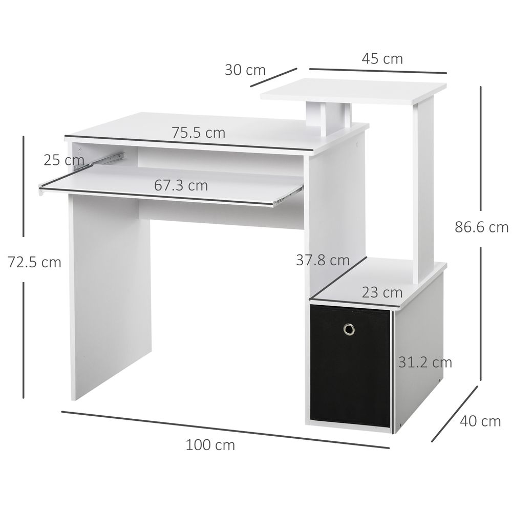 White Computer Desk with Sliding Keyboard Tray and Storage Drawer Shelf for Organised Workspaces