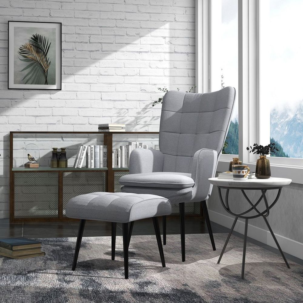 Light Grey Living Room Chair with Footstool and Sturdy Steel Legs for Style