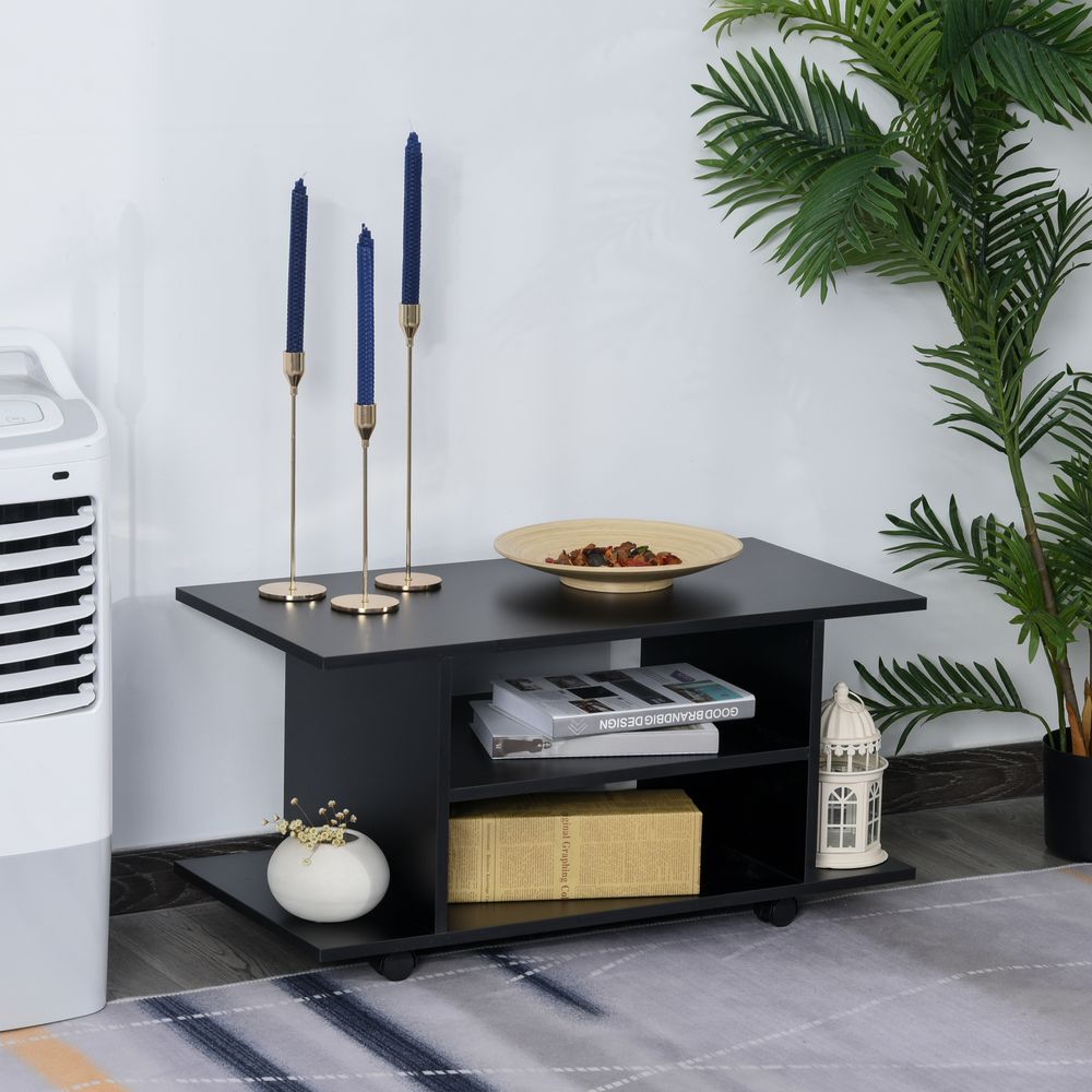 Black Mobile TV Stand with Bookshelves, Functional and Modern