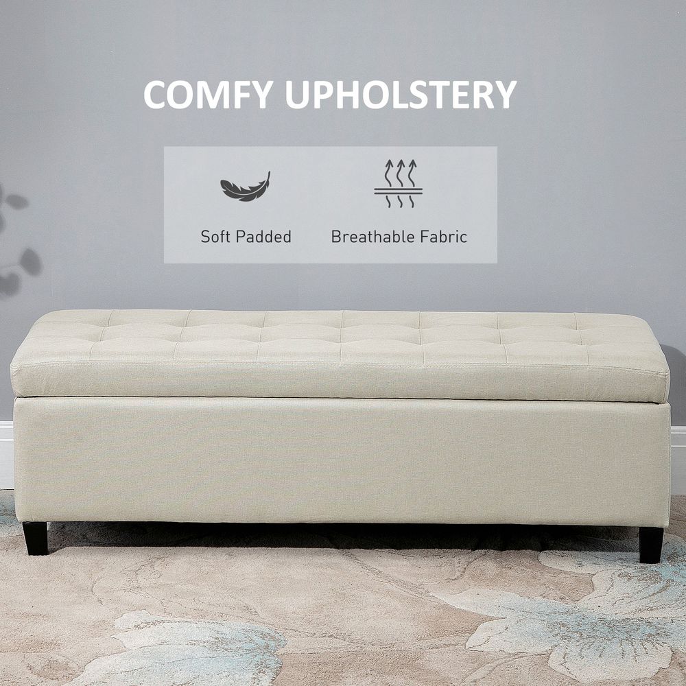 Padded Linen Storage Ottoman Bench with Tufted Hinged Lid and Wooden Frame