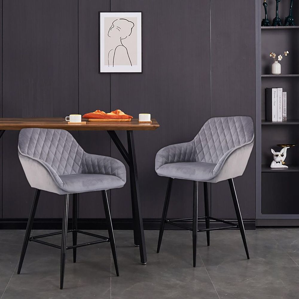 Set of Two Cadiz Dark Grey Crushed Velvet Bar Stools with Black Metal Leg