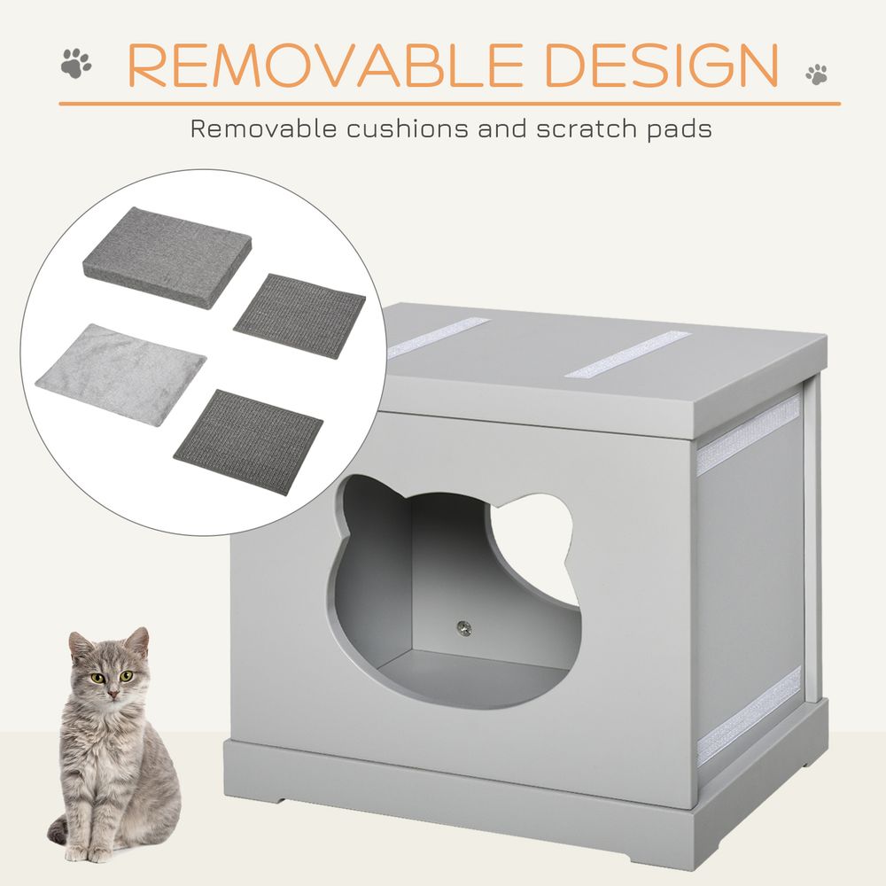 Grey Cat House Bed with Soft Cushion and Sisal Scratching Pad, Ideal for Kittens and Cats