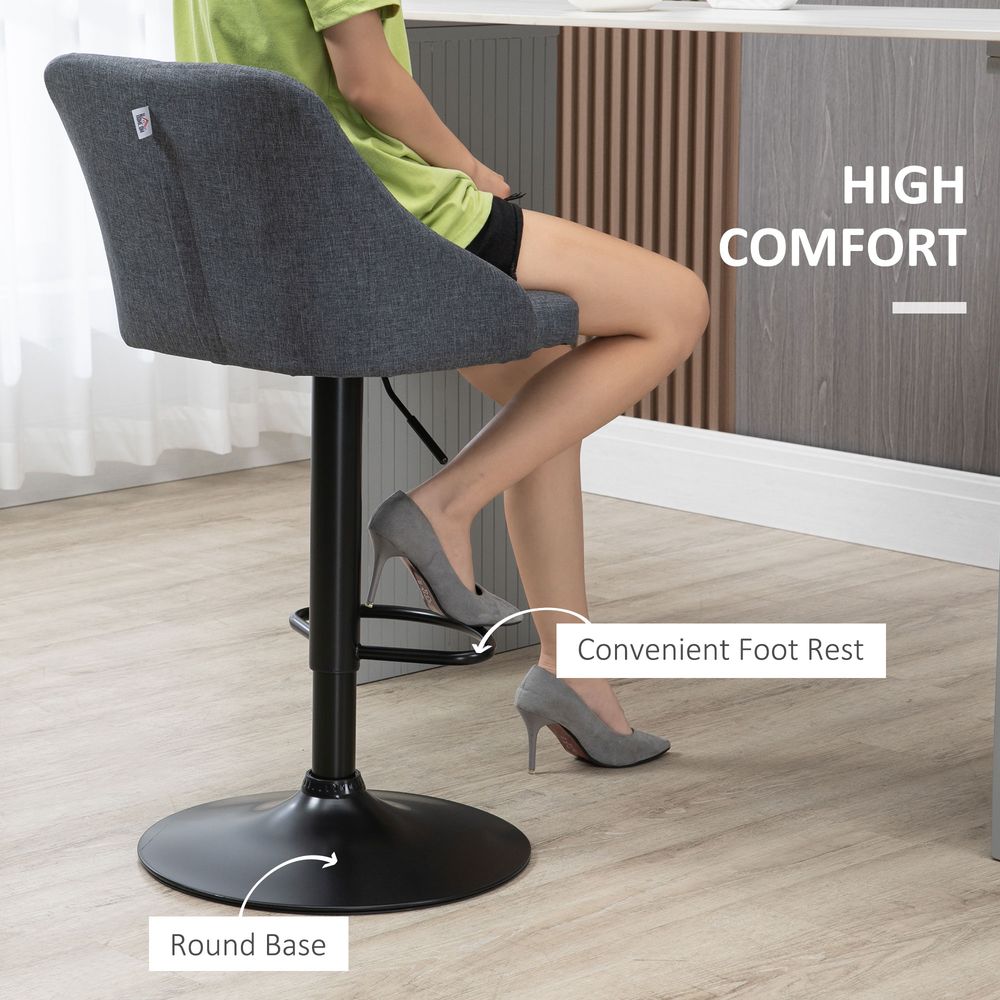 Set of 2 Grey Swivel Bar Stools: Adjustable Height Fabric Chairs