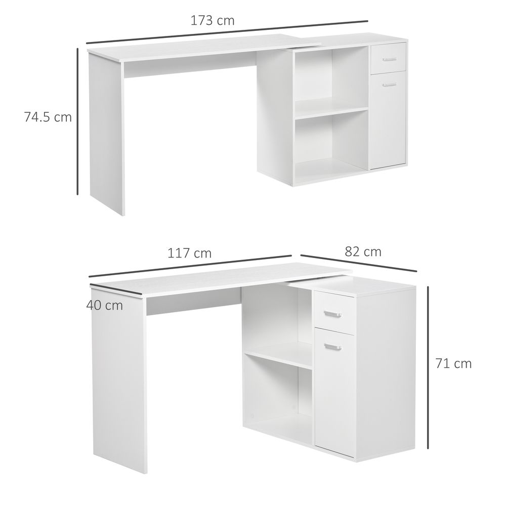 L-Shaped White Computer Desk with 360-Degree Rotating Functionality for Efficient Workspace