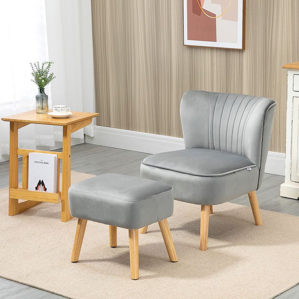 Velvet-Feel Accent Chair with Ottoman – Tub Seat Padding & Wood Legs – Light Grey