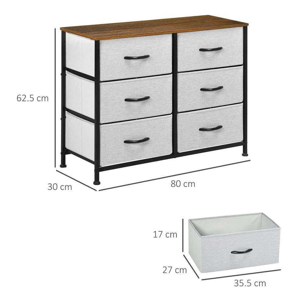 6-Drawer Fabric Chest of Drawers with Wooden Top for Closet and Hallway in Grey