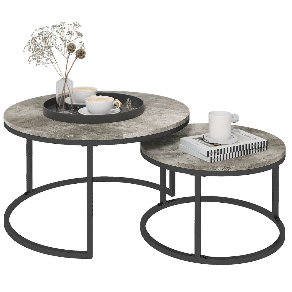 Set of 2 Stacking Coffee Tables with Steel Frame and Wood Effect Top