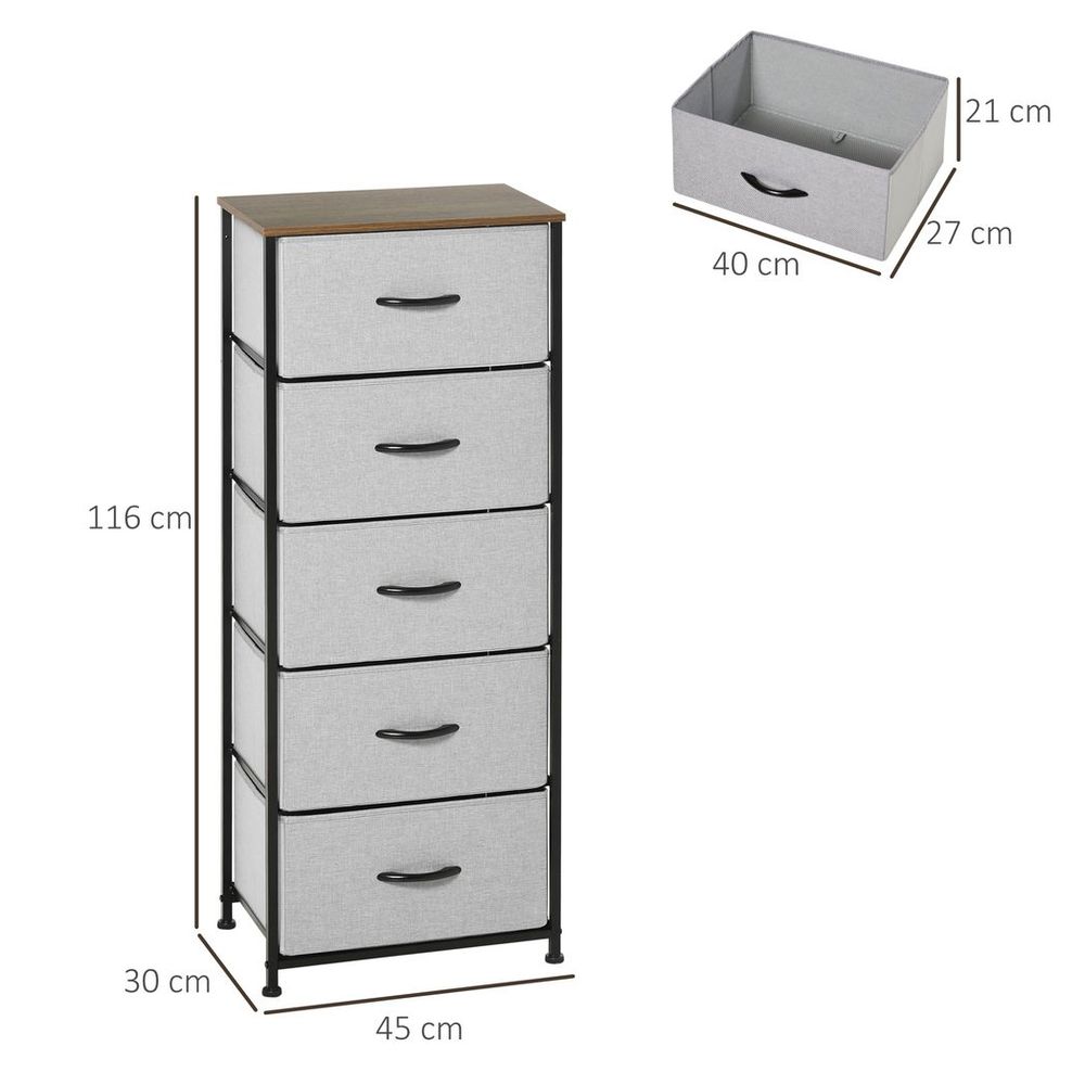 5-Drawer Fabric Chest of Drawers with Wooden Top for Closet and Hallway in Grey