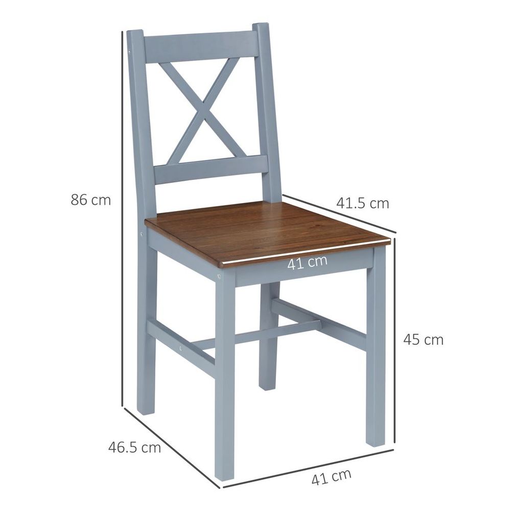 Set of 2 Dining Chairs with Pine Wood Frame and Cross Back for Kitchen, Grey