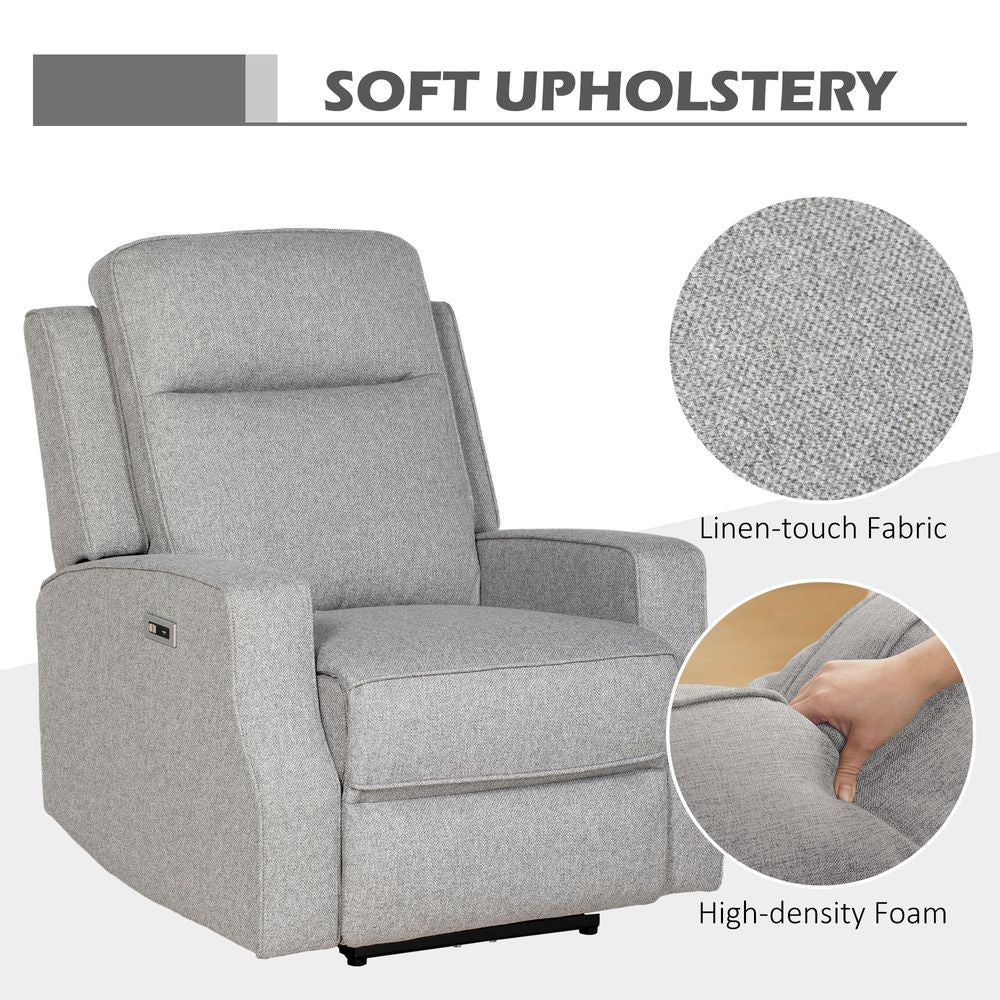 Grey Electric Recliner Armchair with USB Port, Comfortable Fabric Seating for Modern Living