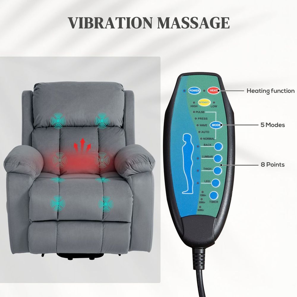 Grey Lift Chair Riser Recliner Featuring Vibration Massage and Heating Function