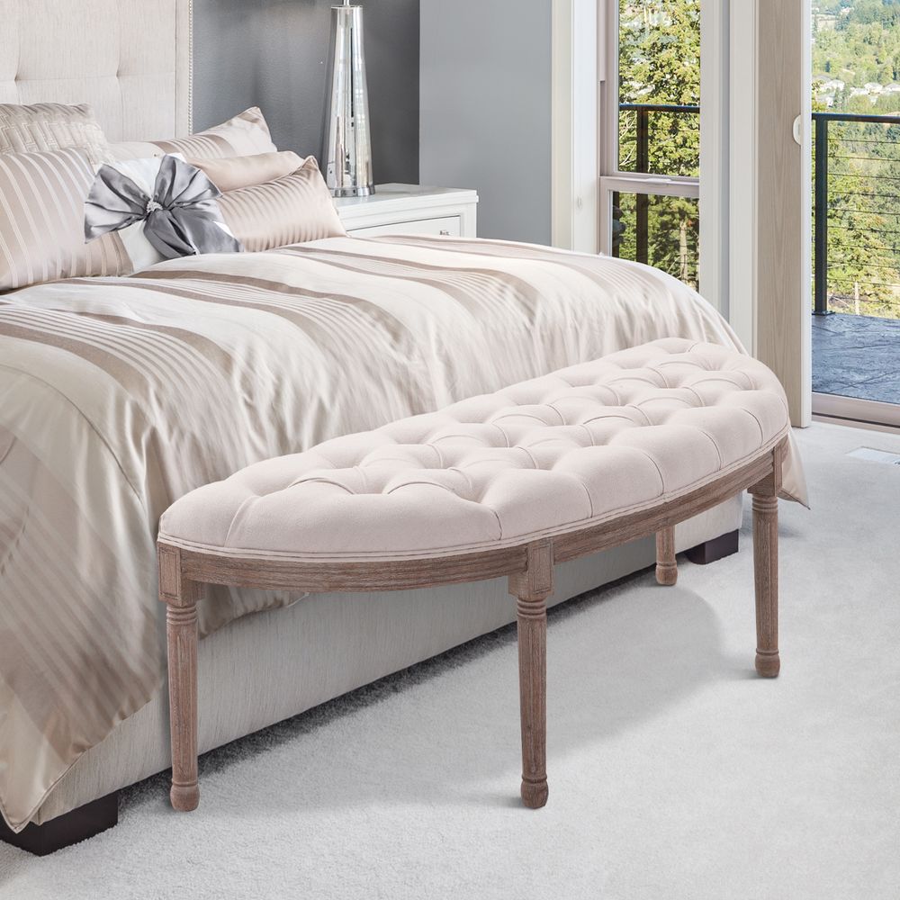 Cream Half-Circle End Bench Ottoman Footstool with Button Tufted Padded Seat