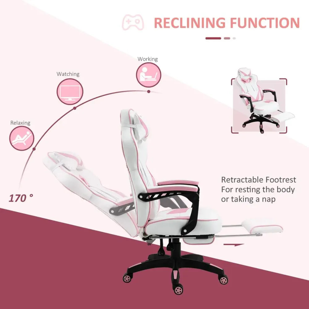 Pink Ergonomic Gaming Chair with Manual Footrest and Wheels for Stylish Offices