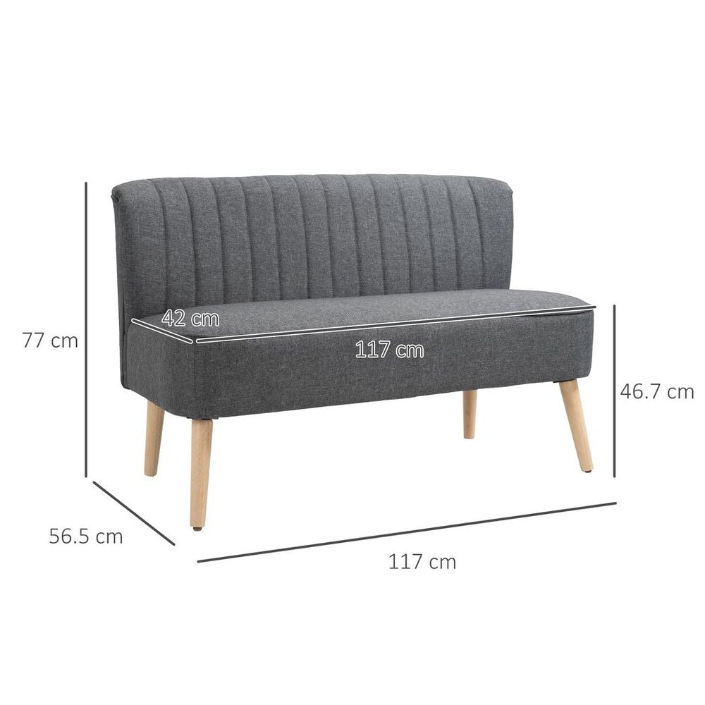 Grey Padded Linen Double Seat Loveseat Couch with Wooden Legs for Comfort