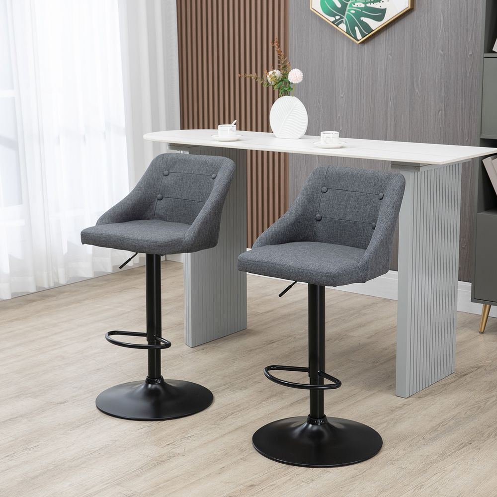 Set of 2 Grey Swivel Bar Stools: Adjustable Height Fabric Chairs