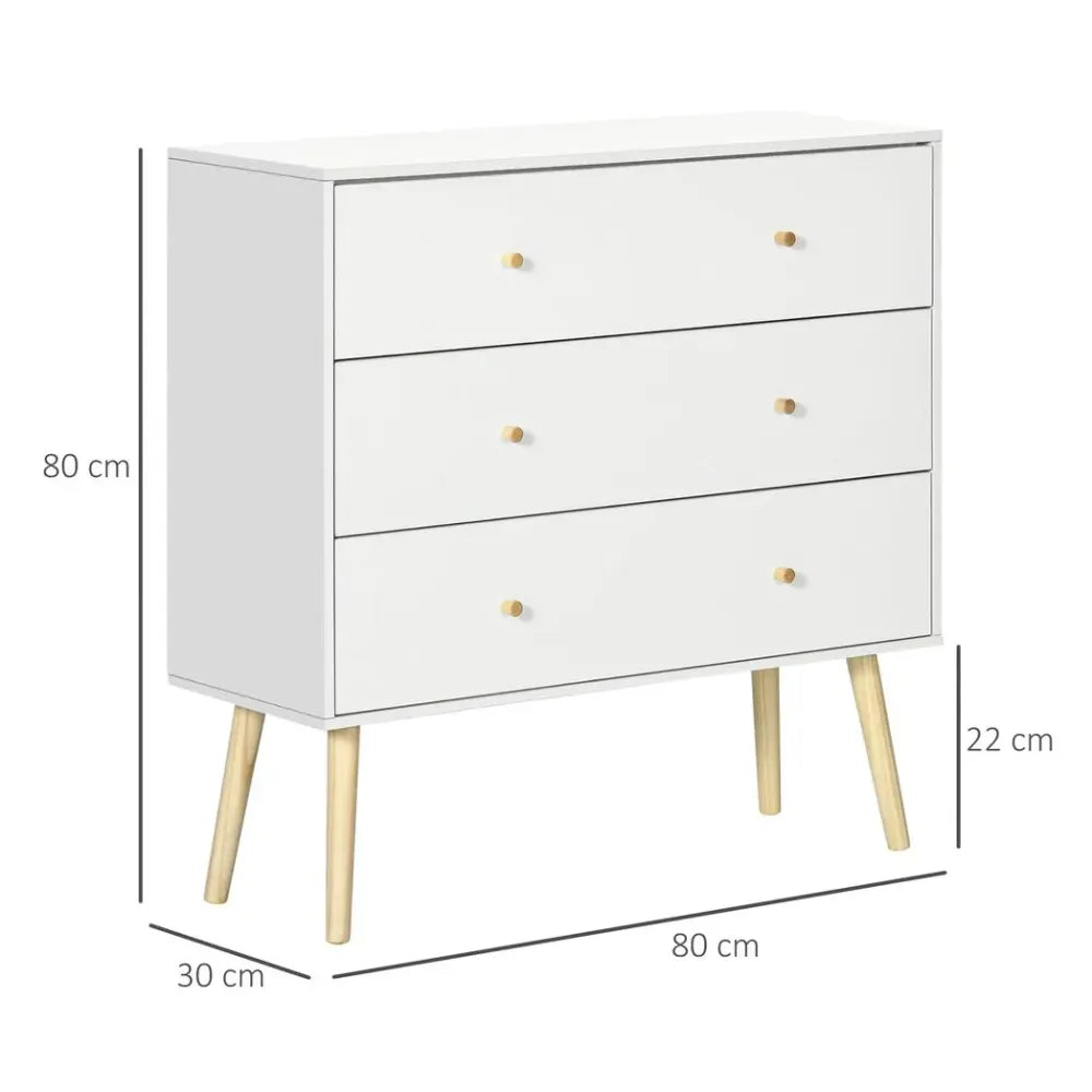 White 3-Drawer Chest of Drawers with Wooden Legs, Stylish Storage Organiser for Bedrooms