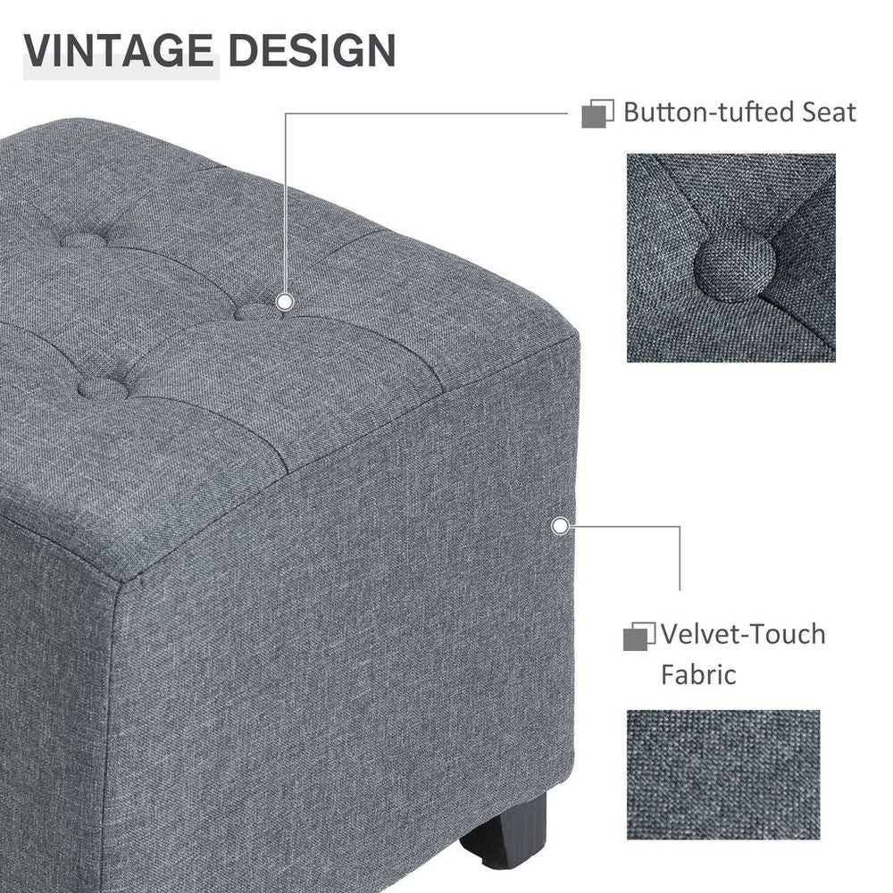 Linen-Look Square Ottoman – Button Tufts Footstool with Wood Frame – Grey