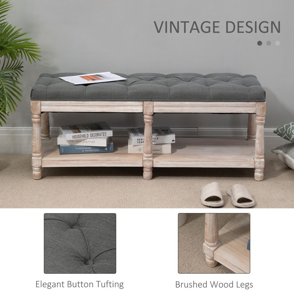 Grey 2-Tier Bed End Bench with Vintage Button Tufted Design for Elegant Window Seating