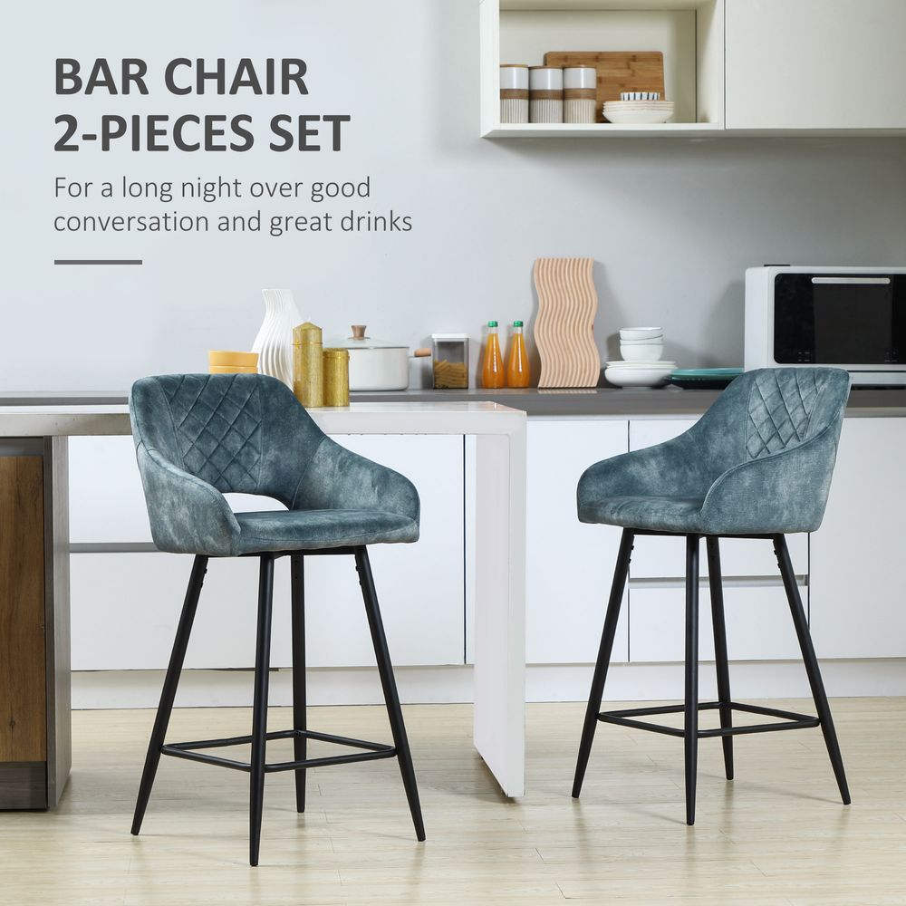 Set of 2 Velvet-Touch Bar Stools – Counter Height Chairs with Fabric – Blue