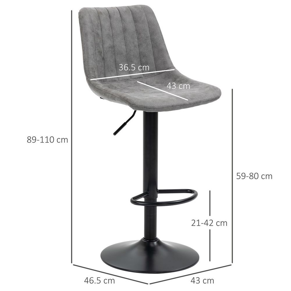 Set of 2 Microfibre Retro Tub Bar Stools - Metal Frame, Footrest, Grey