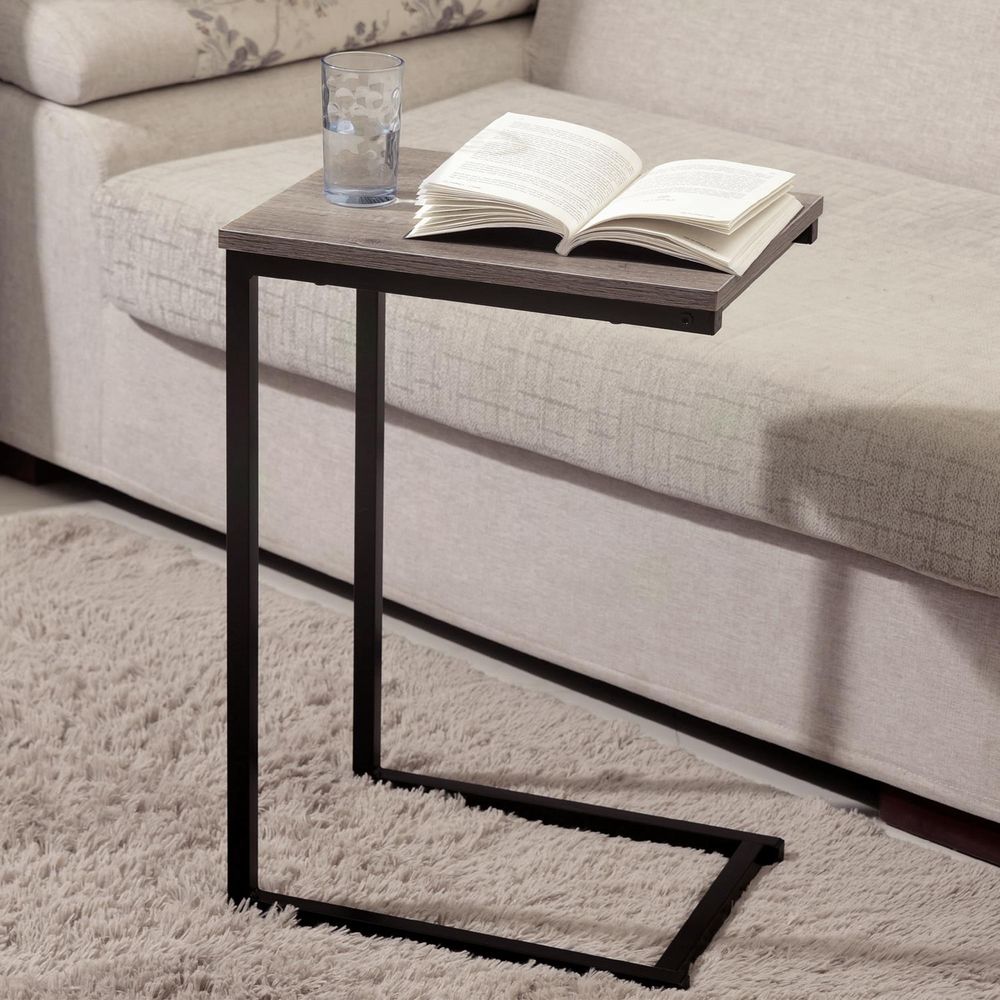 Black Powder Coated C-Shaped Side Table With Laminated Wooden Surface