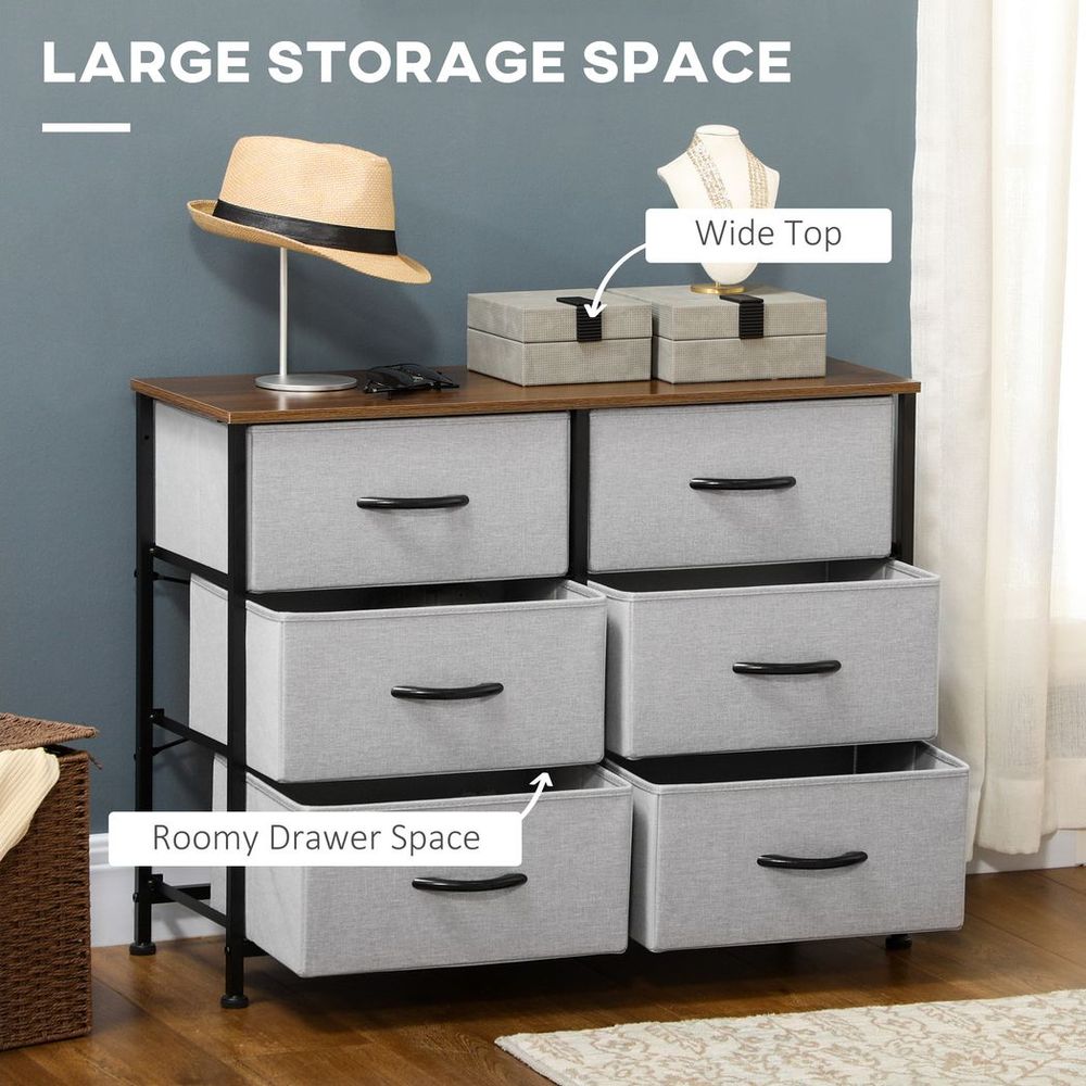 6-Drawer Fabric Chest of Drawers with Wooden Top for Closet and Hallway in Grey