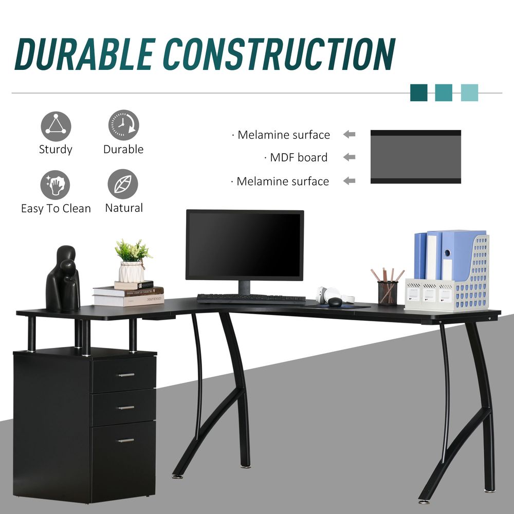 Black L-Shaped Corner PC Desk Table with Drawer for Home Office Workstation Use