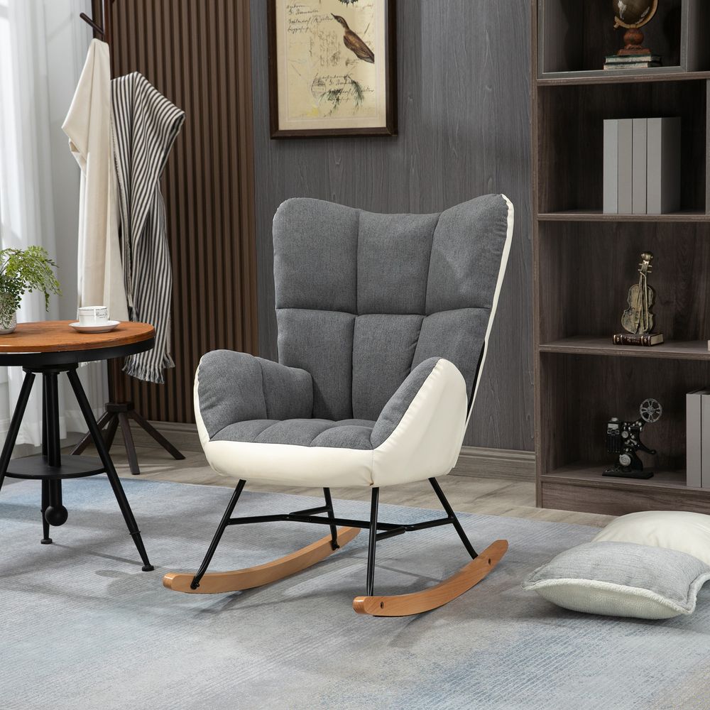Grey and Cream Upholstered Wingback Rocking Chair for Comfortable Nursery Use