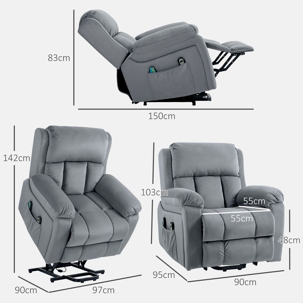 Grey Lift Chair Riser Recliner Featuring Vibration Massage and Heating Function