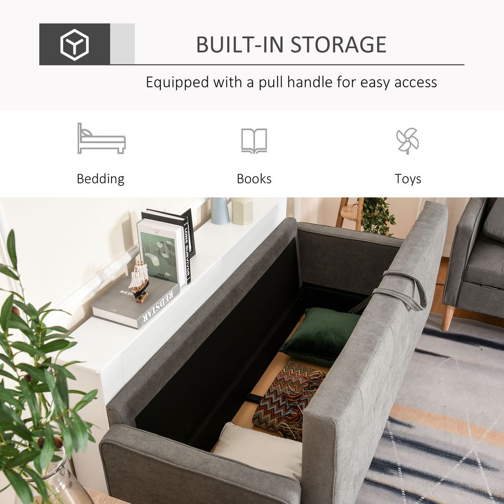 3-Seater Button-Tufted Fabric Sofa - Hidden Storage, Rubberwood Legs