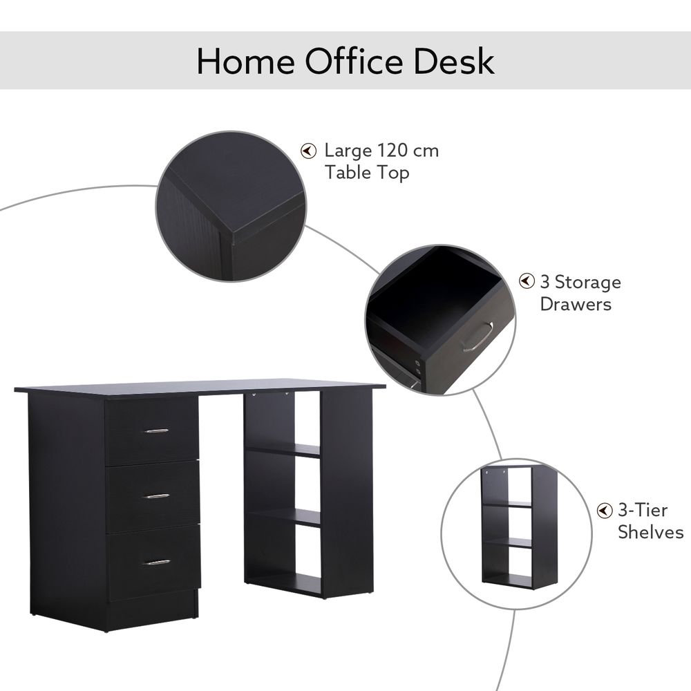 120cm Computer Desk Workstation with 3 Shelves and Drawers in Black - Ideal for Home Office Setup