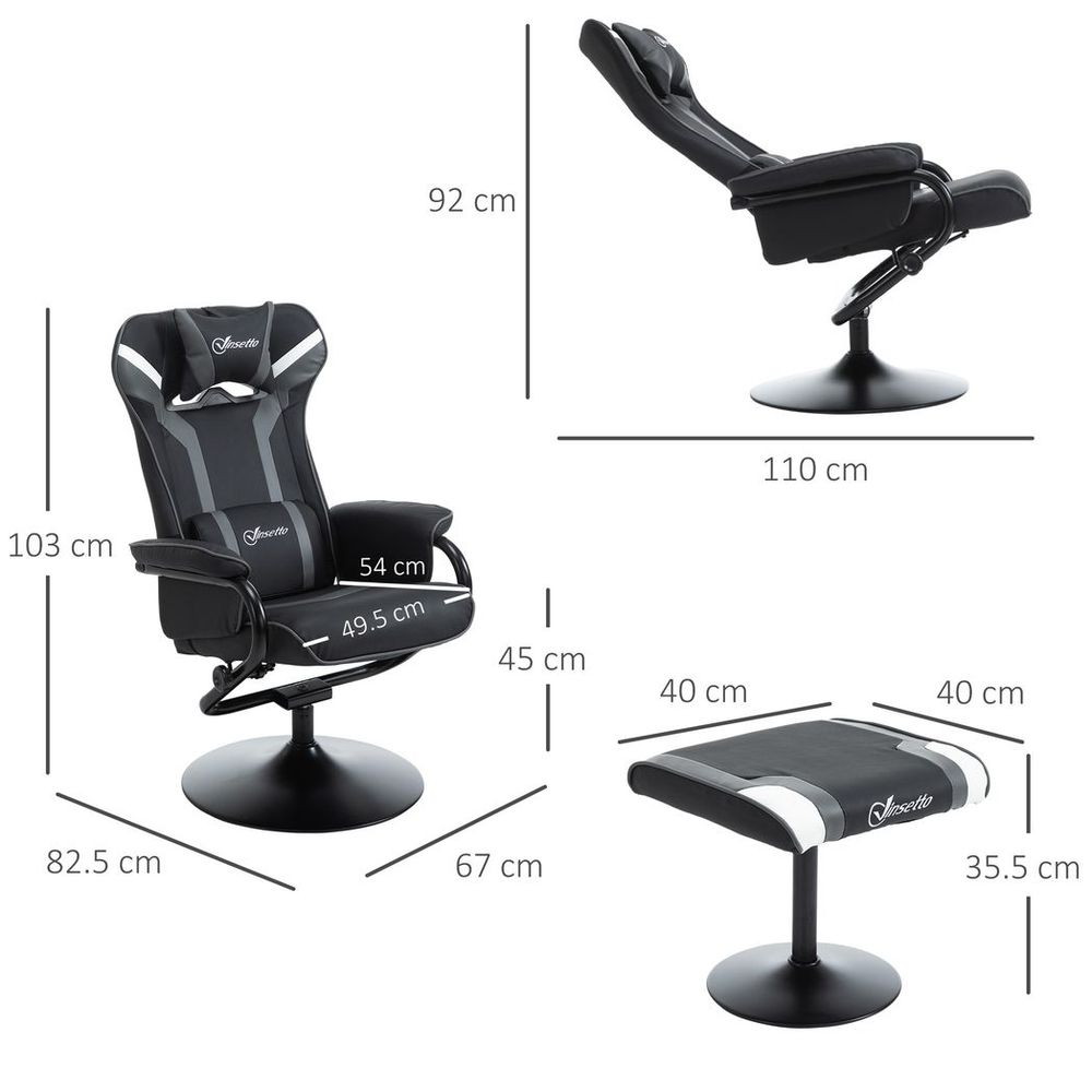 Deep Grey Racing Style Video Game Chair with Footrest Set and Pedestal Base
